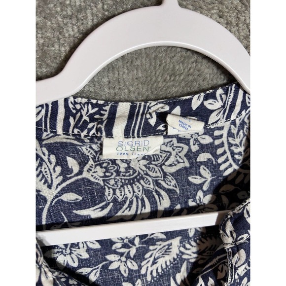 Sigrid Olsen Linen V-Neck Floral Paisley Top Womens Size Small Blue White - Picture 3 of 7